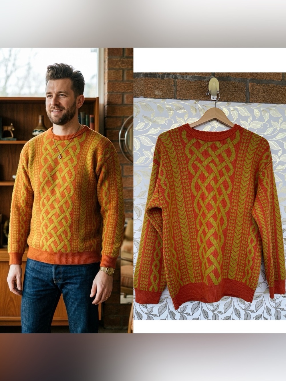Iggy Men’s Slim Fit Celtic Cable Sweater L Orange Green Goblincore Vintage vibe
